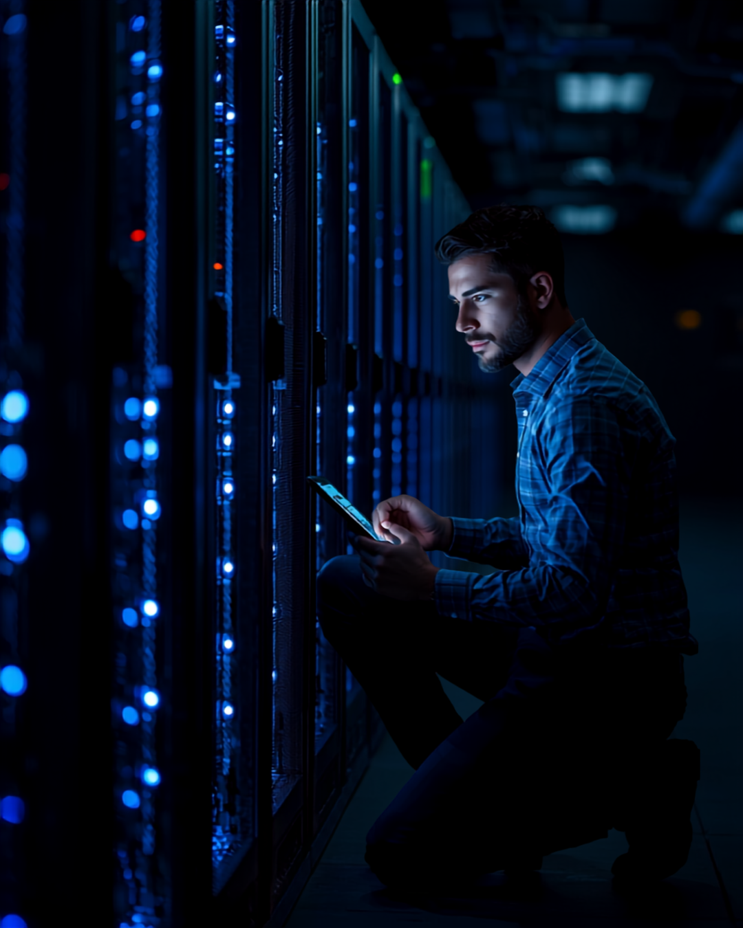 IT engineer monitoring enterprise server racks